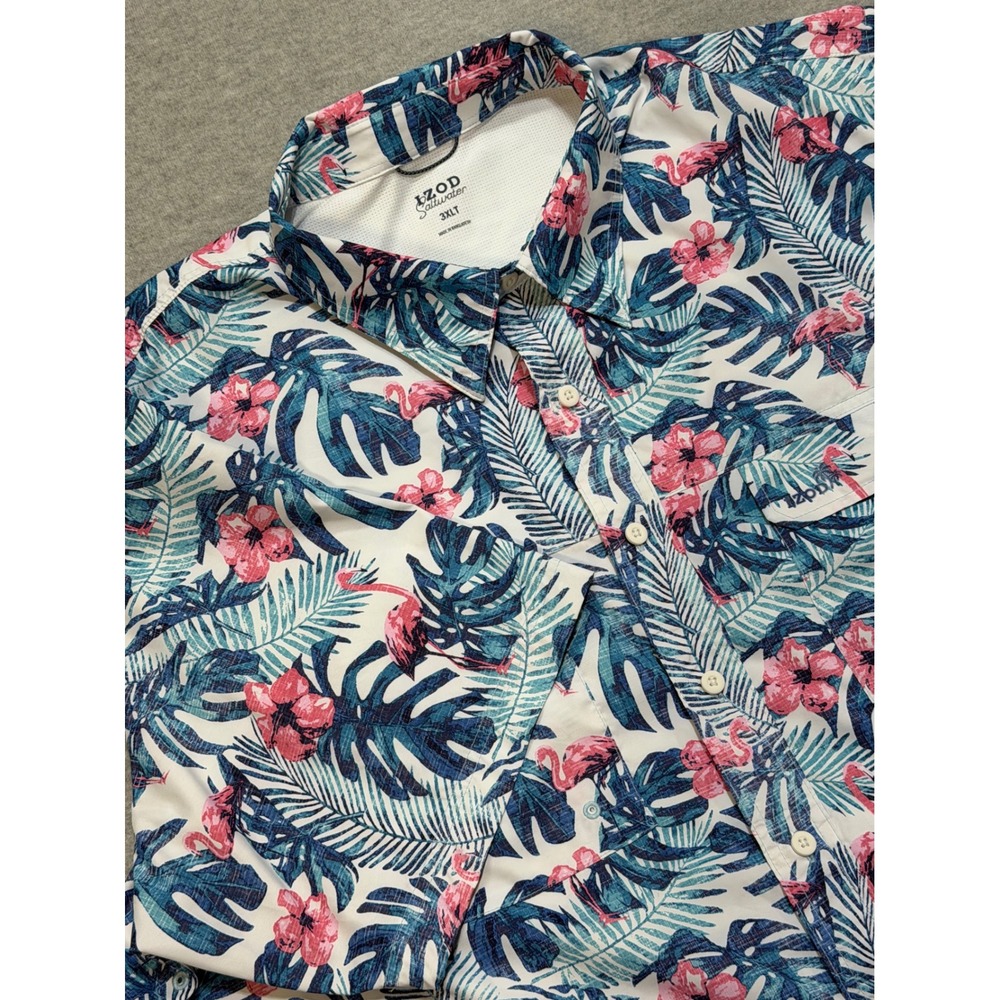 IZOD Saltwater Mens 3XLT Flamingo Tropical Floral Button Down Fishing Shirt Blue
